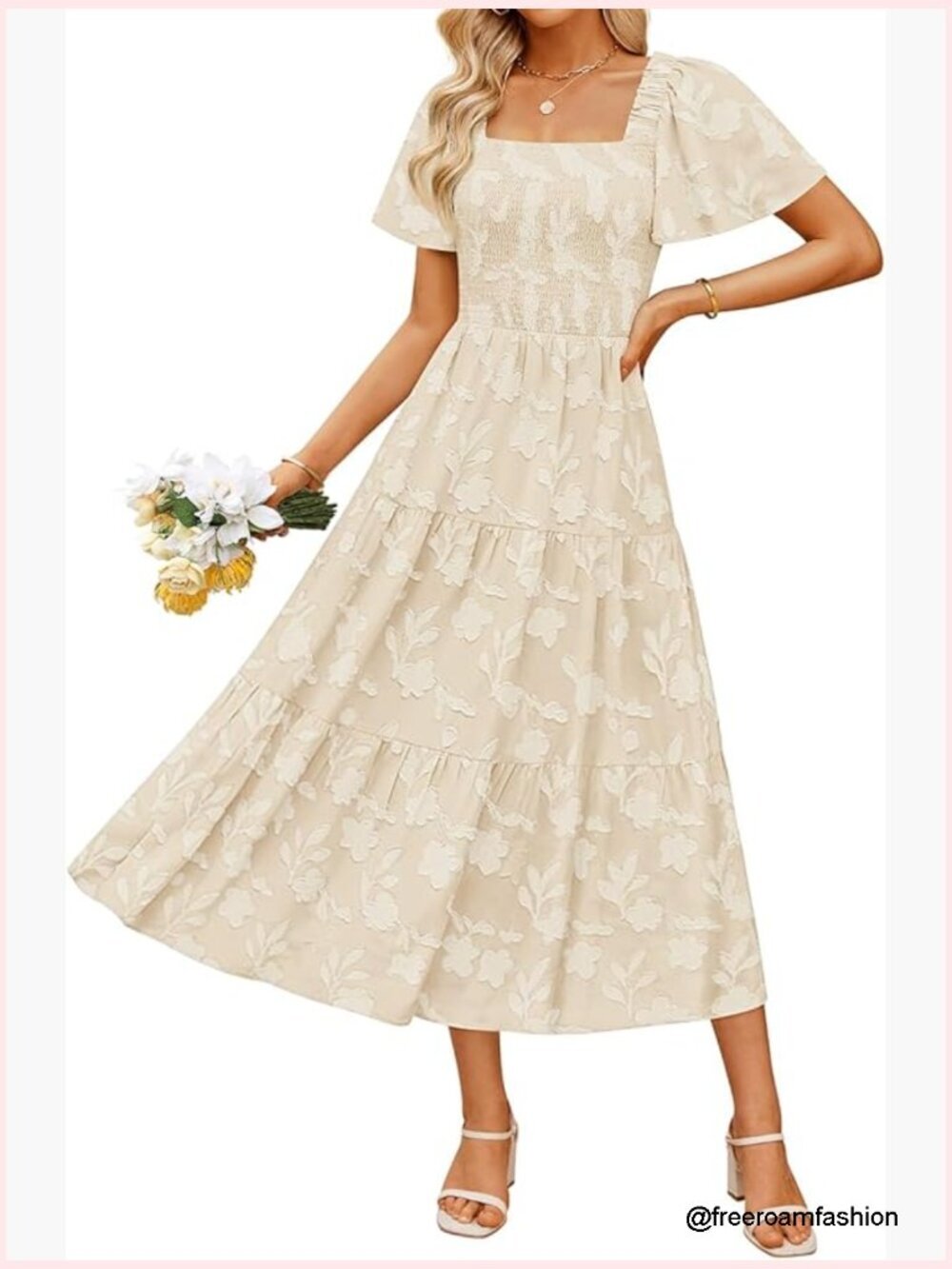 Summer Boho Floral Midi Dress Casual Short Sleeve Square Neck Flowy Beach